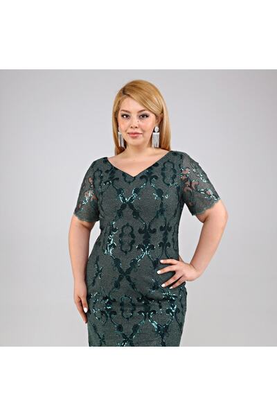 HaiModa Kadın Elbise Büyük Beden Pul Işli Desenli V Yaka