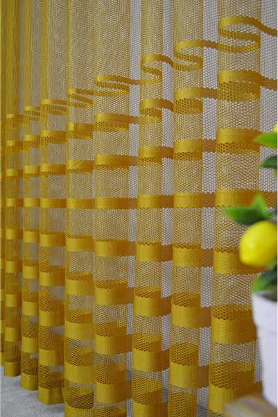 Ran Perde Şerit Desenli File Tül Perde - Hardal - Pileli Dikim - 1e2,5 Pile