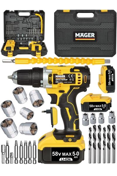Mager Darbeli 58 Wat 5 Ah Çift Akülü Şarjlı Vidalama Matkap 24 Parça Set Hediye