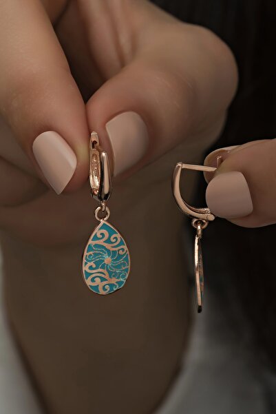 Nereze 925 Ayar Gümüş Turkuaz Mineli Desenli Küpe