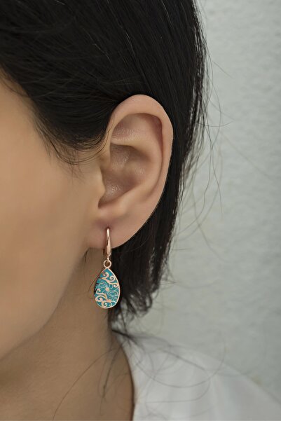 Nereze 925 Ayar Gümüş Turkuaz Mineli Desenli Küpe