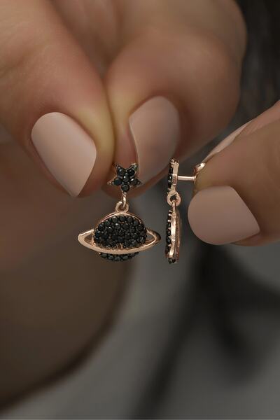 Nereze 925 Ayar Gümüş Sallantılı Siyah Gezegen Küpe