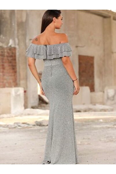 Arin Gögsü Volanlı Simli Uzun Elbise 38602