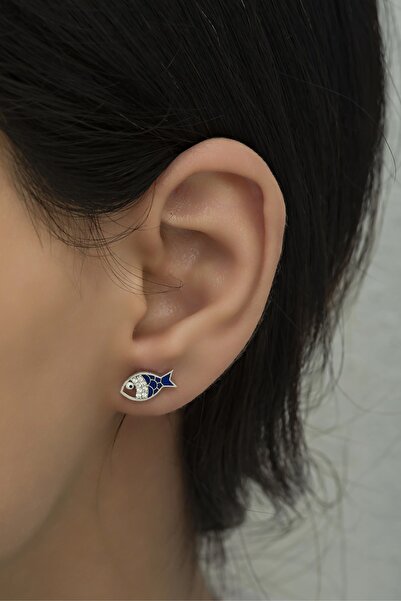 Nereze 925 Ayar Gümüş Rodyumlu Mineli Balık Küpe