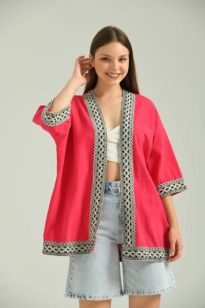 VOLT CLOTHİNG Linen Kimono - Women, Short Sleeve, Embroidered