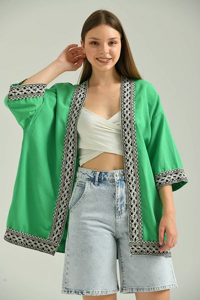 VOLT CLOTHİNG Linen Kimono - Women, Short Sleeve, Embroidered