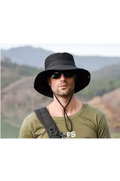 Kardelen Butik Denizli Snap Buttoned Hiking and Hunting Panama Hat (With Mesh) (Unisex) (Black)