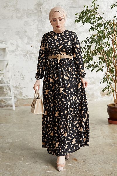 InStyle Rena Kleid mit Strohgürtelmuster – Schwarz