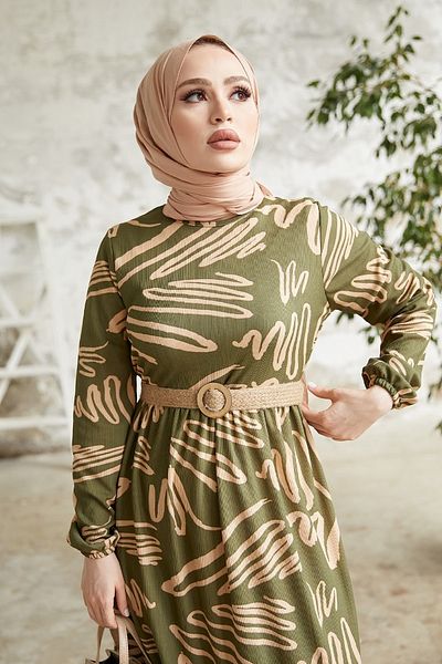 InStyle Φόρεμα με Ζώνη με σχέδιο Vesa - Χακί