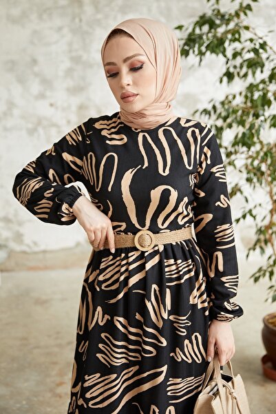 InStyle Vesa Desenli Hasır Kemerli Elbise - Siyah