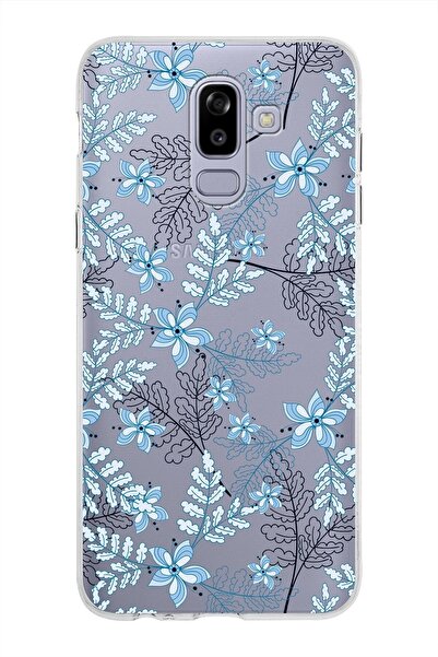 PrintiFy Samsung Galaxy J8 Kapak Floral Mavi Tasarımlı Şeffaf Silikon Kılıf