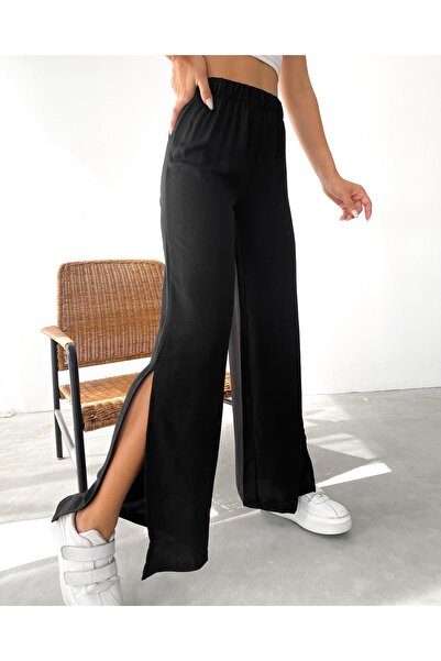 QUTTA Pantaloni Palazzo largi negri cu fante laterale