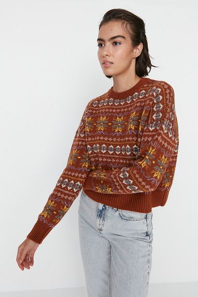 Trendyol Collection Pulover din tricotaje cu model cu textura moale, cu croială largă, maro TWOAW23KZ00211