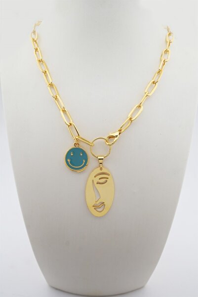 By Zeyna Aksesuar المرأة الوجه المبتسم الشكل المينا قلادة
