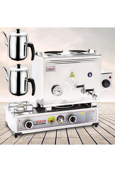 Mizan Çay Kazanı Gazlı + Elektrikli Çift Demlik Kahveci Ocağı 30 Lt + 2 Demlik