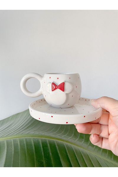 Mugtasarım Handmade and Painted Red Double Turkish Coffee Cup