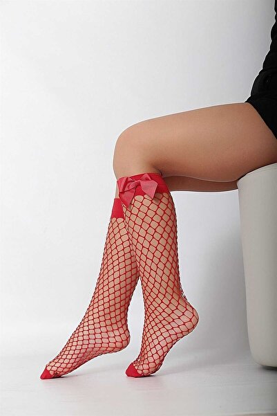 Royaleks Red Mesh Knee-Length Girls' Socks with Bow