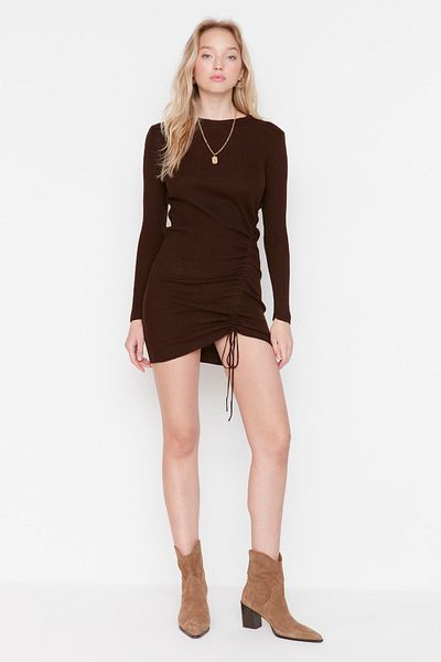 Trendyol Collection Πλεκτό Καφέ Μίνι Φόρεμα - Λεπτομέρεια Gathered TWOAW23EL00443