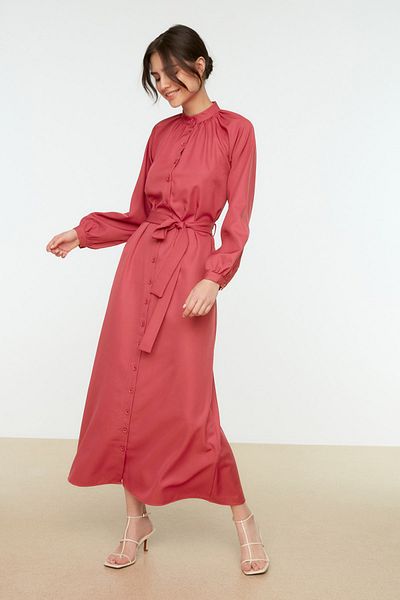 Trendyol Modest Dark Pink Judge Collar Belted Woven Shirt Dress TCTSS22EB0013
