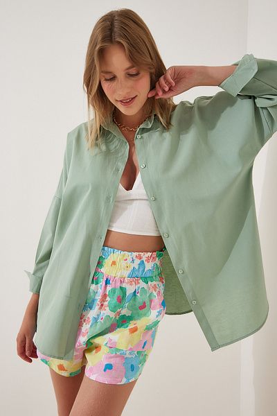 Happiness İstanbul Women's Light Green Oversize Long Basic Shirt DD00842