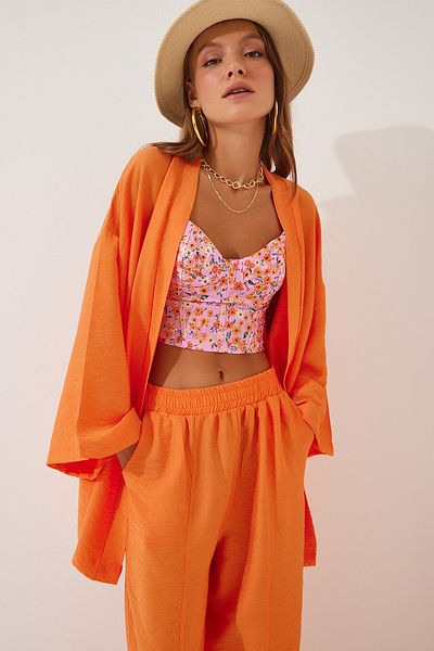 Happiness İstanbul Orangefarbenes Kimono-Hosen-Set für Damen DZ00046