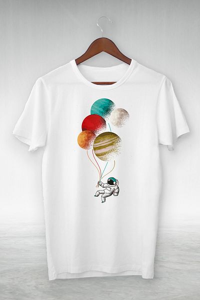 viptasarımtshirt Unisex White - Balloon and Astronaut Illustrated T-Shirt