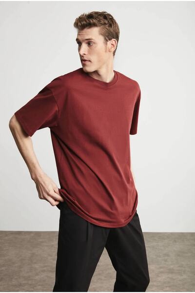 JAKARLI Claret Red Unisex Oversize Βαμβακερό T-shirt - Ποδηλατικός Γιακάς