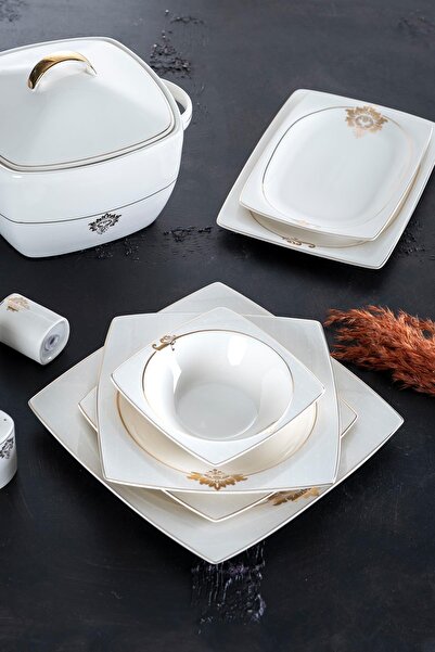 ACAR Savanna 60 Parça 12 Kişilik Bone Chine Beyaz Porselen Kare Yemek Takımı ...