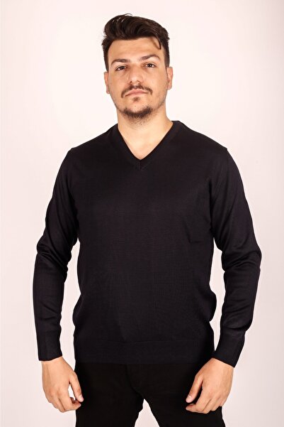 MODA Pulover negru cu decolteu în V pentru bărbați