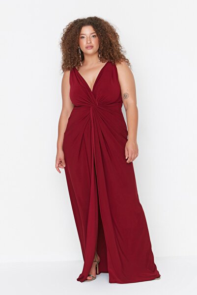 Trendyol Curve Vínové maxi/dlouhé večerní šaty – s detailním závěsem, pletené TBBSS22AD00000