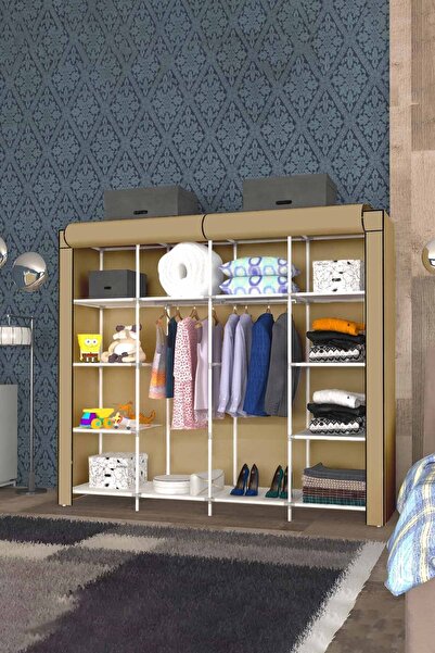 CimriKese Geniş Hacimli Raflı Askılı Bez Dolap Gardrop Bej