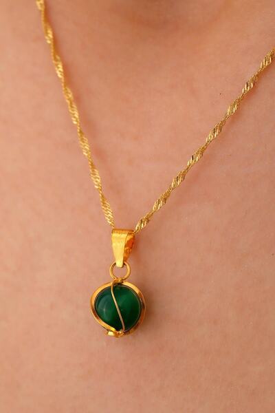 Sefa Gold 14 Ayar Altın Yeşil Akik Kafesli Singapur Zincir Kolye