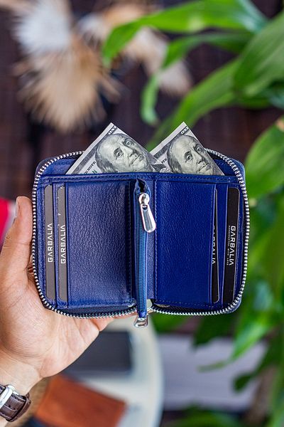 Garbalia Sydney Genuine Leather Coin Compartment Zippered Unisex Navy Blue Wallet