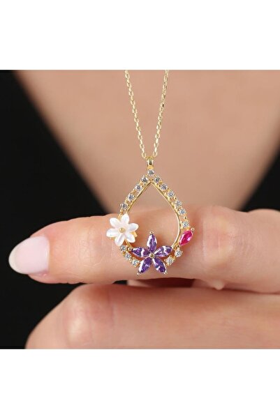 Mia Vento Manolya Çiçeği Ametist Damlası Gold Renk Flowers Gümüş Kolye