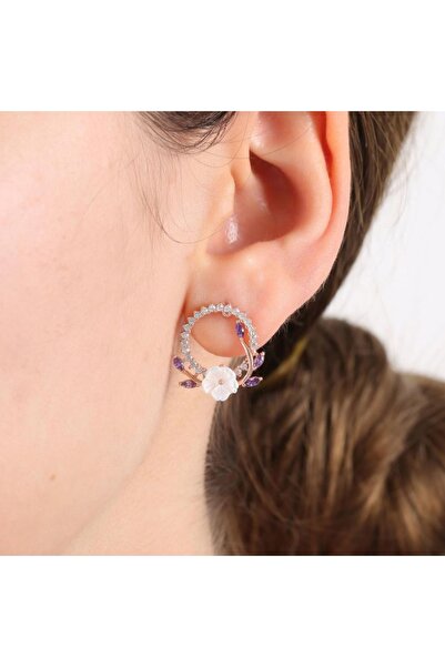 Mia Vento Pırlanta Montür Ametist Taşlı Manolya Çiçeği Tacı Rose Renk Flowers Gümüş Küpe