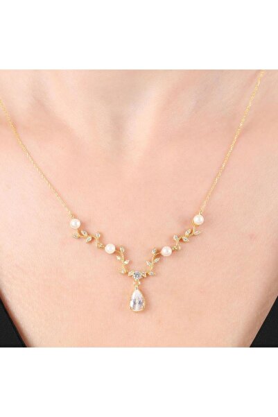 Mia Vento Pırlanta Montür Inci Baharı Gold Renk Flowers Gümüş Kolye