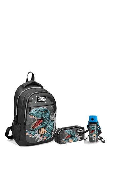 Coral High Model de dinozaur - Set de 3 ghiozdane cu trei compartimente și suport pentru stilou termos din oțel