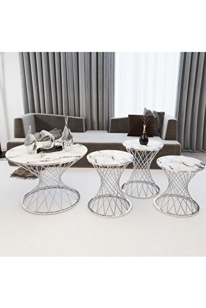 KASGER Beyaz Mermer Desenli Cam Hasır Kum Saati Zigon Sehpa Takımı