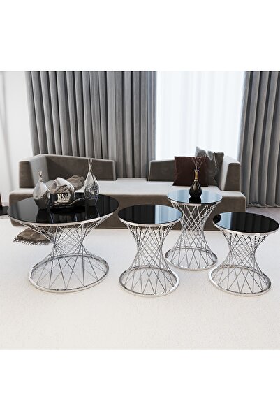 KASGER Siyah Cam Hasır Kum Saati Zigon Sehpa Takımı