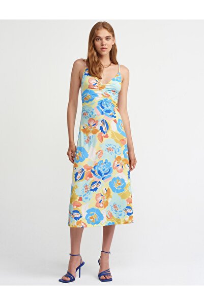 Dilvin Büzgülü Çicek Desenli Uzun Elbise-lime