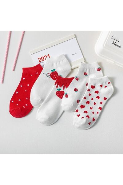 çorapmanya 5 Pairs of Cute Multicolored Heart, Strawberry Patterned Women's Booties Socks