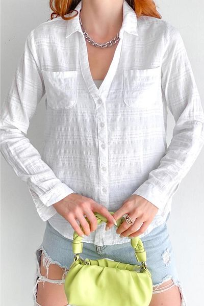 FEMELLE Cămașă de bază din bumbac, albă, cu două buzunar, pentru femei (mucegai slim fit)