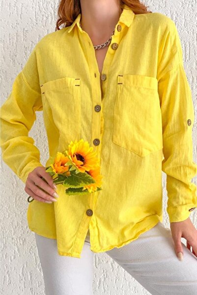 FEMELLE Kadın Sarı Ahşap Düğmeli Pamuk Keten Gömlek %65 Pamuk %35 Keten