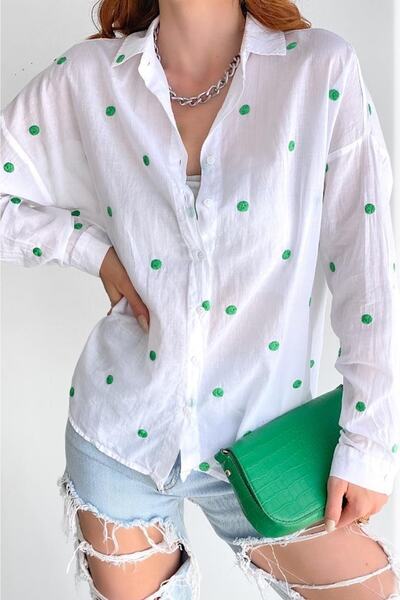 FEMELLE Дамска риза от 100% памук с бродирани широки рамена на точки