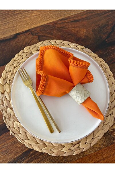 LIFE OR LOVE ebru korkmaz 6’lı Turuncu Tarçın Biyeli Dak Keten Kumaş Servis S...