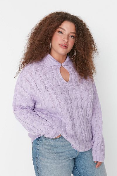 Trendyol Curve Lila Košilový límec Pletené Detailní Pletené Svetry TBBAW23AN00047