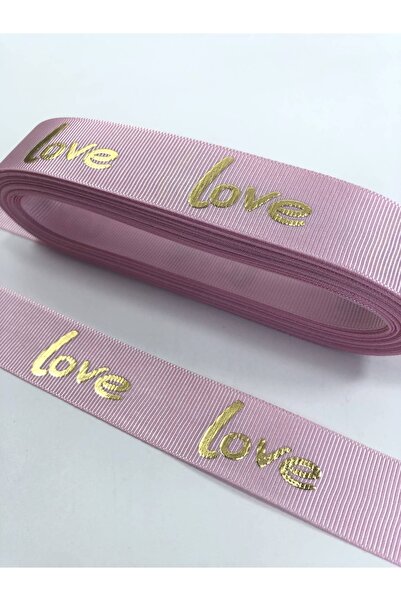 Genel Markalar Pembe Gold Varak Baskılı Love Yazılı Grogren Kurdele – Kurdele