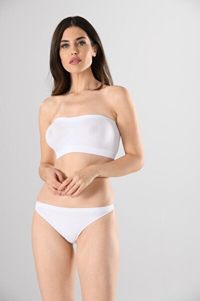 Miss Fit Women's White Seamless Basic Padless Ribbed Strapless Bustier Knitted Seamless