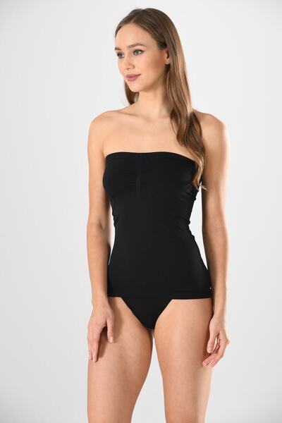 Miss Fit Women's Black Seamless Chest Gathered Long Strapless Tank Top Knitted Seamless