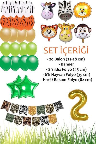 Patladı Gitti Safari Concept 2 Years Birthday Party Celebration Set; Number & Star Foil, Banner & Balloon Chain